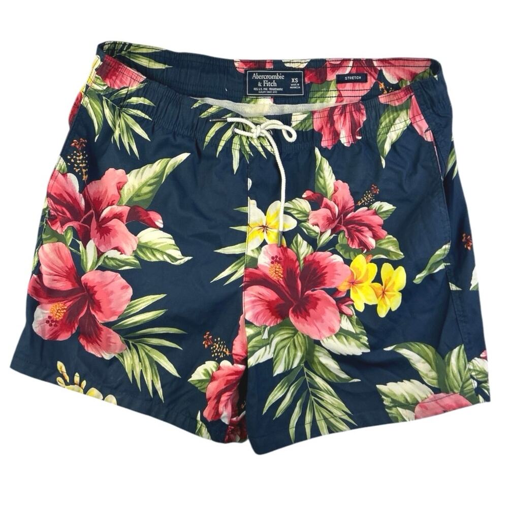Abercrombie & Fitch Men's Navy Blue Floral Hawaiian Swim Trunks Board Shorts XS